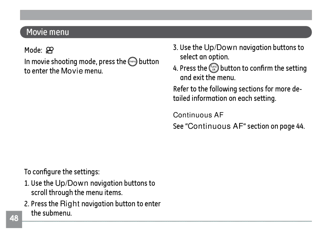 GE A830, A730 manual Movie menu, See Continuous AF section on 