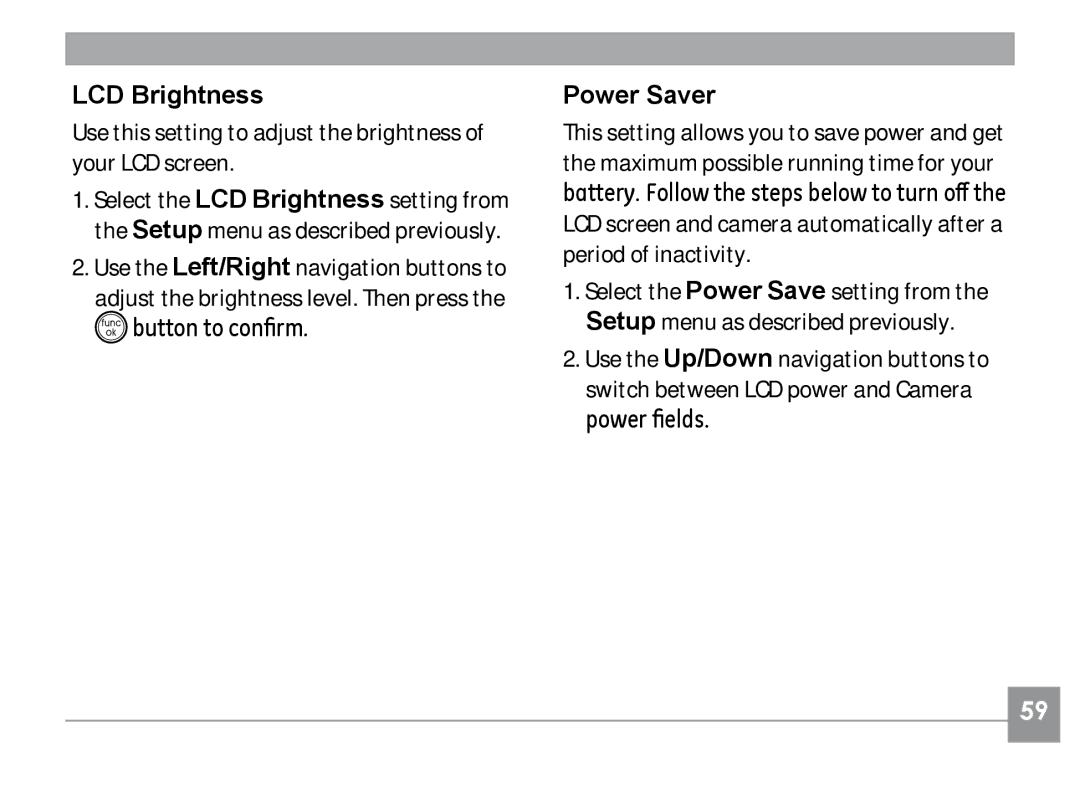 GE A730, A830 manual LCD Brightness, Button to confirm, Power Saver 