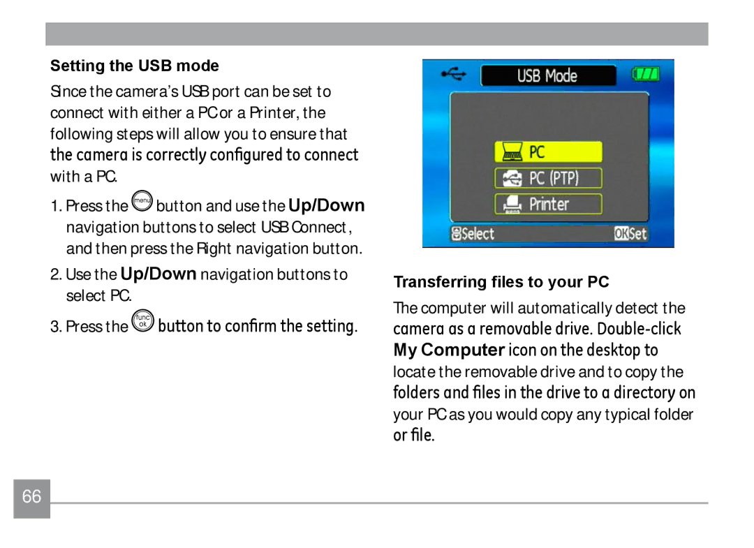 GE A830, A730 manual Use the Up/Down navigation buttons to select PC 