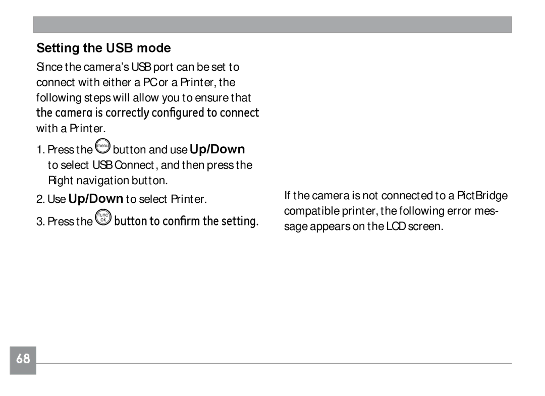 GE A830, A730 manual Setting the USB mode, Use Up/Down to select Printer 