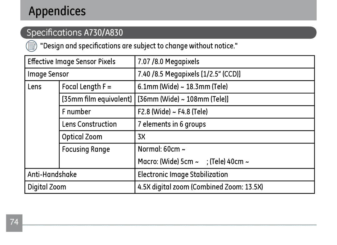 GE manual Specifications A730/A830, 36mm Wide ~ 108mm Tele 