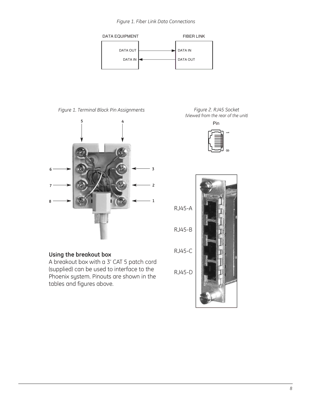 GE A8950CC installation instructions Using the breakout box, Fiber Link Data Connections 