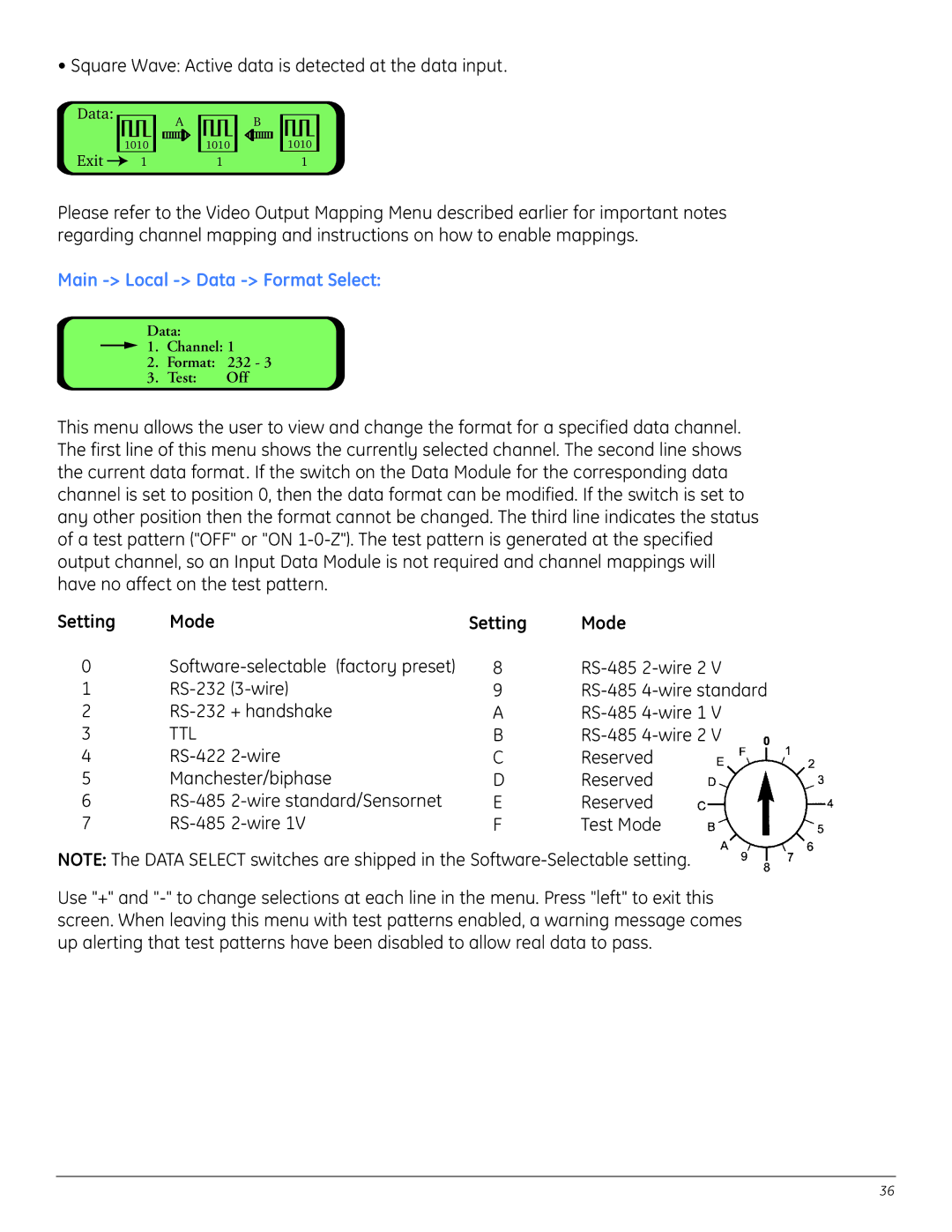 GE A8950CC installation instructions Main Local Data Format Select, Setting Mode 