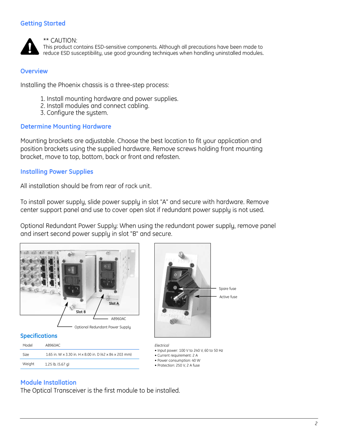 GE A8950CC Getting Started, Overview, Determine Mounting Hardware, Installing Power Supplies, Module Installation 