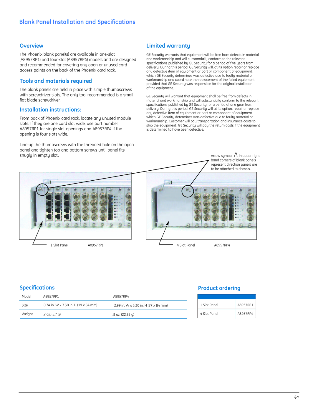 GE A8950CC installation instructions Blank Panel Installation and Specifications, Overview Limited warranty 