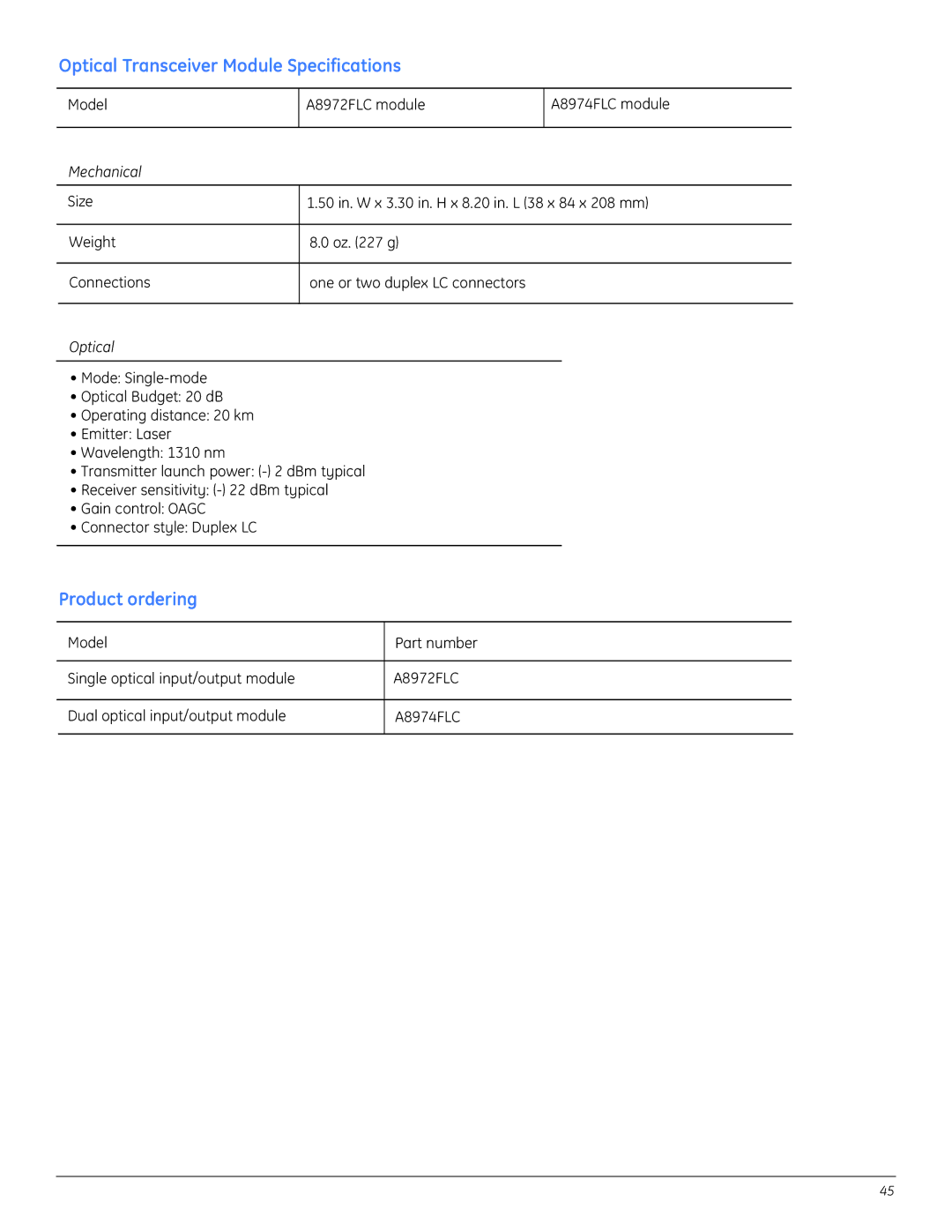 GE A8950CC installation instructions Optical Transceiver Module Specifications, Product ordering 