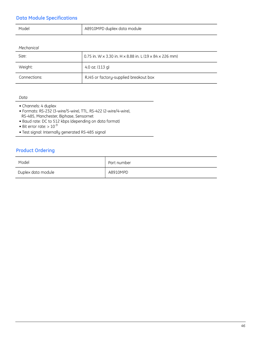 GE A8950CC installation instructions Data Module Specifications 