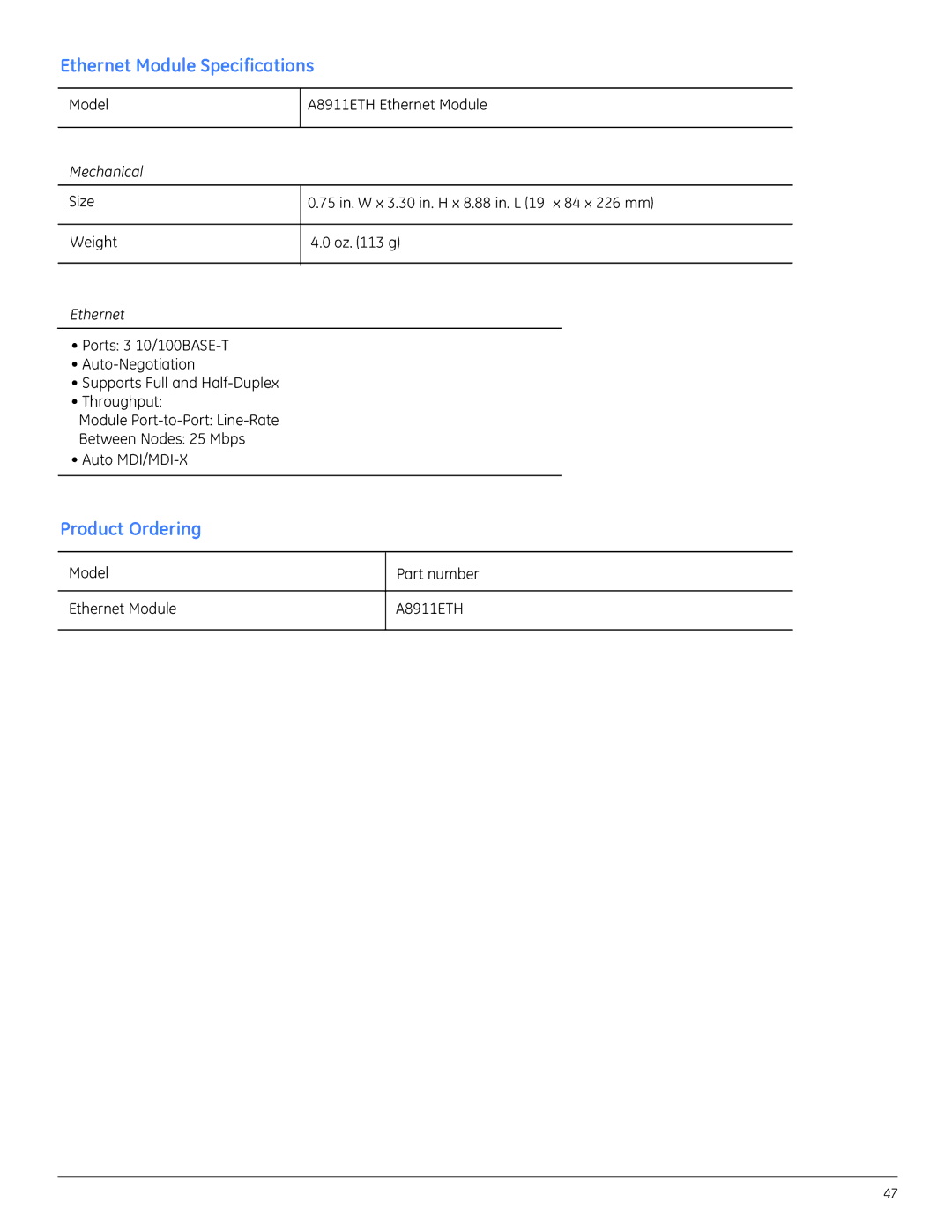 GE A8950CC installation instructions Ethernet Module Specifications 