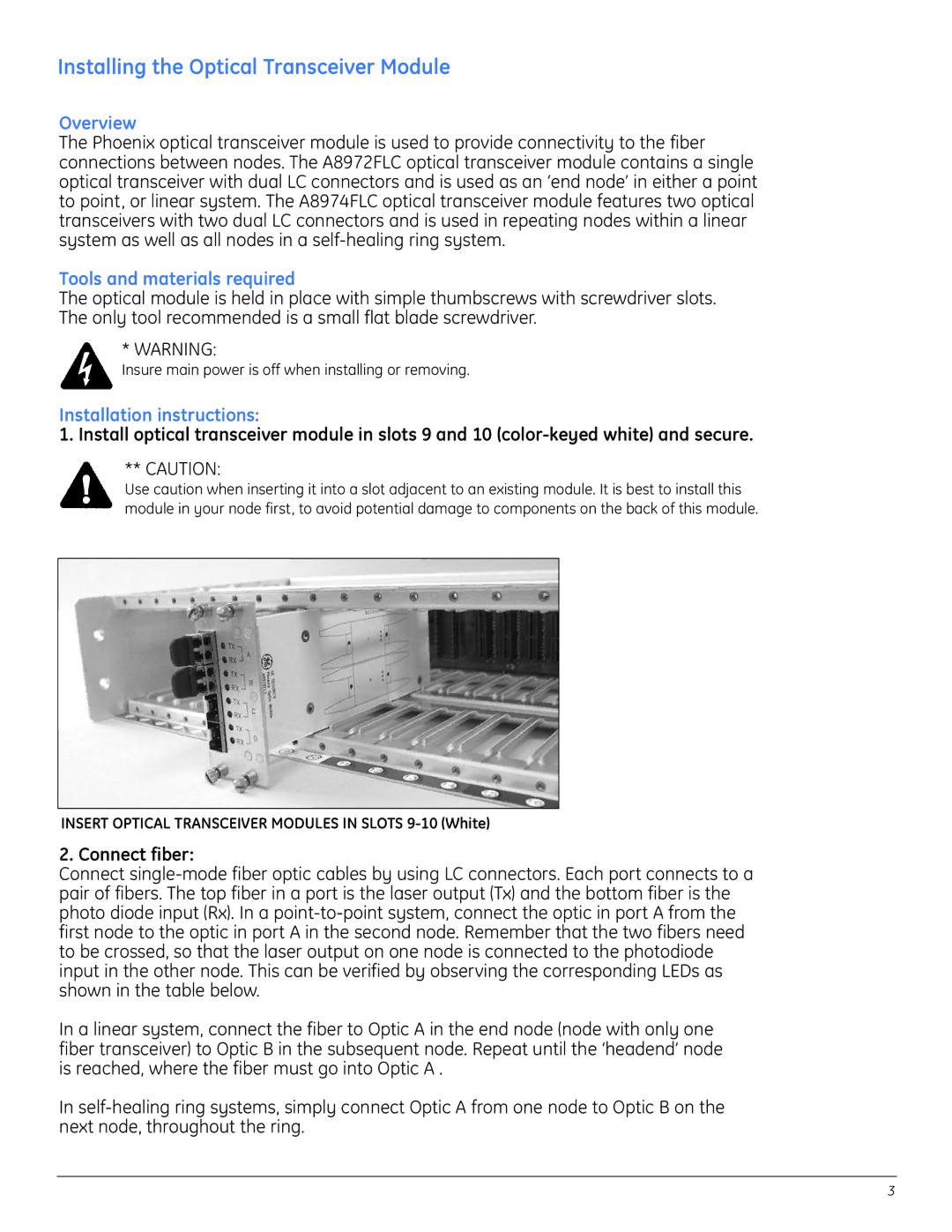 GE A8950CC Installing the Optical Transceiver Module, Tools and materials required, Installation instructions 