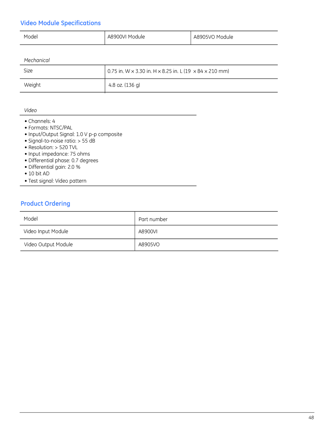 GE A8950CC installation instructions Video Module Specifications 