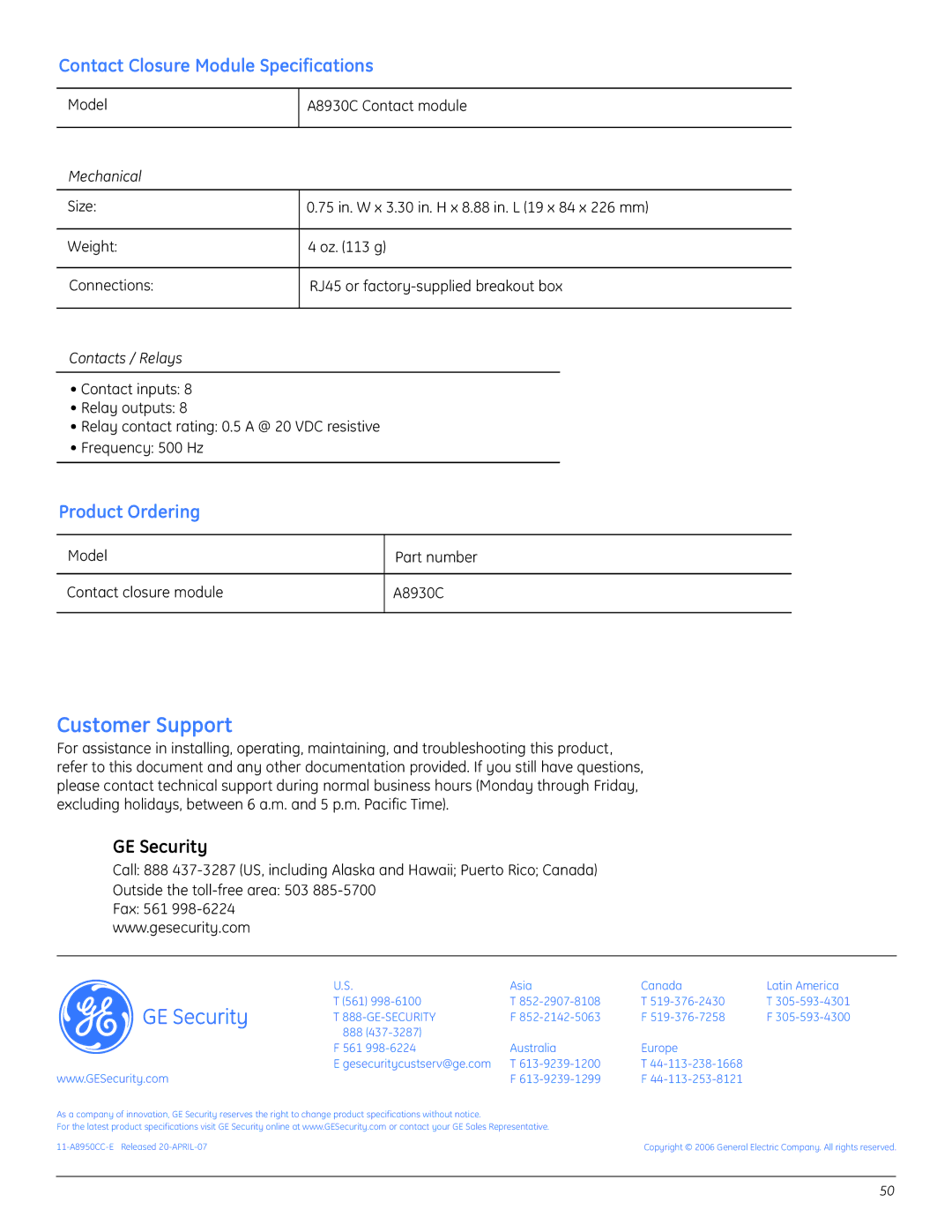 GE A8950CC installation instructions Contact Closure Module Specifications, Contacts / Relays 