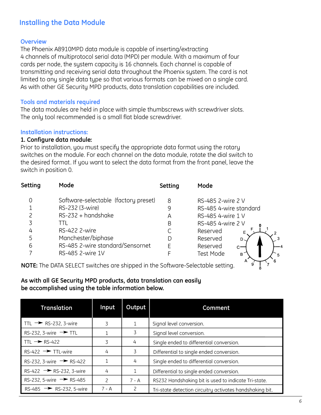 GE A8950CC installation instructions Installing the Data Module, Configure data module, Setting Mode 