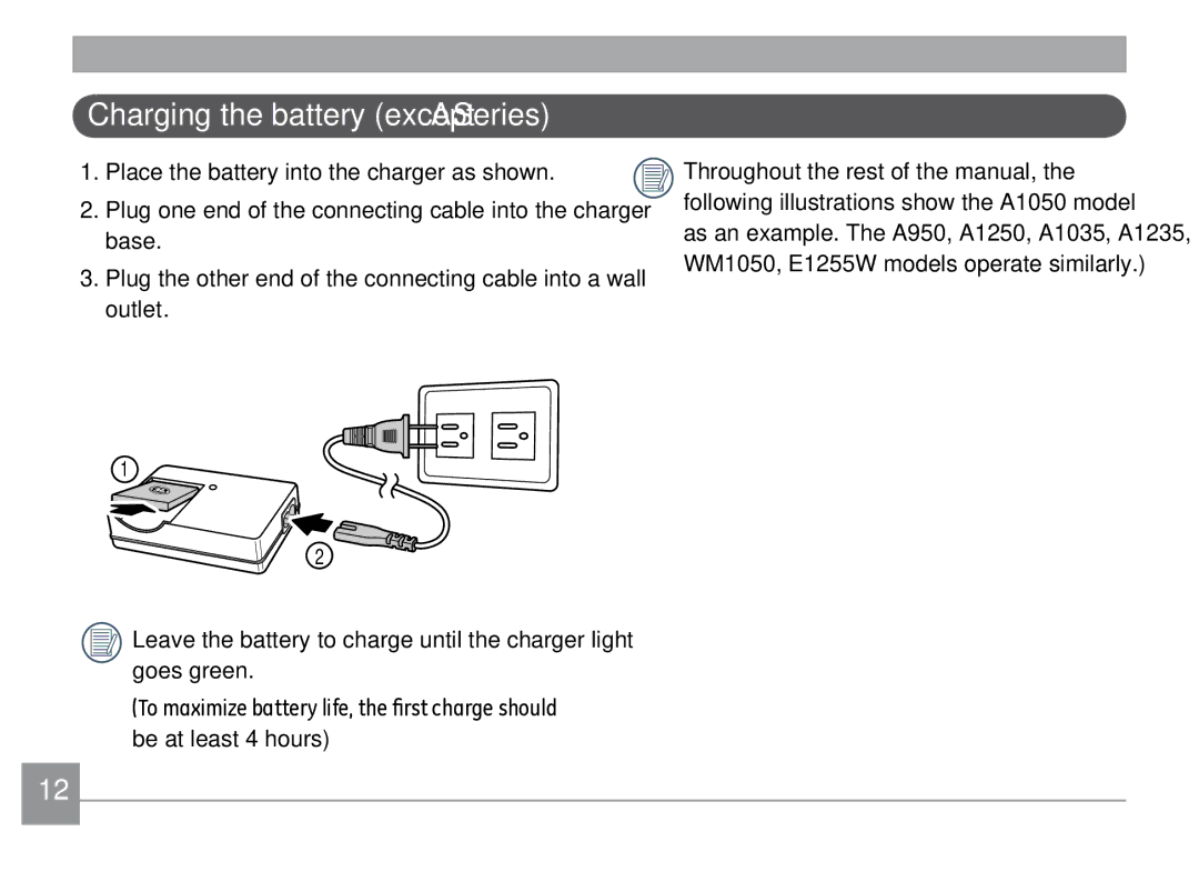 GE A1250SL, A950RD, A950PK, A950SL, WM1050, E-1255W, A950-BK, A1235SL, A1235PK, A1235BK, A1050 Charging the battery except a Series 