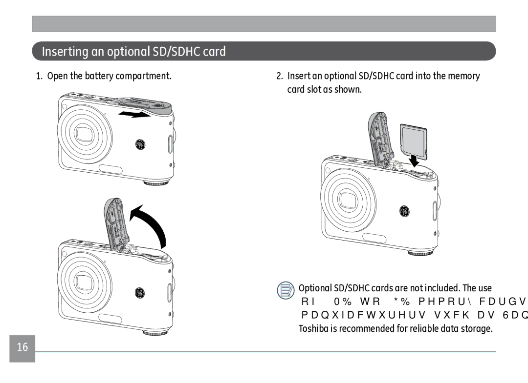 GE A1035RD, A950RD, A950PK, A950SL, WM1050, E-1255W, A950-BK, A1235SL, A1235PK, A1235BK, A1250BK Inserting an optional SD/SDHC card 