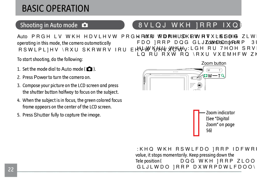 GE A950PK, A1250 Basic Operation, Shooting in Auto mode, Using the zoom function, Press Shutter fully to capture the image 