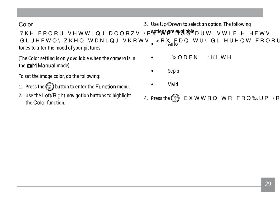 GE A1235PK, A950RD, A950PK, A950SL, WM1050, E-1255W, A950-BK, A1250 Color, Manual mode To set the image color, do the following 