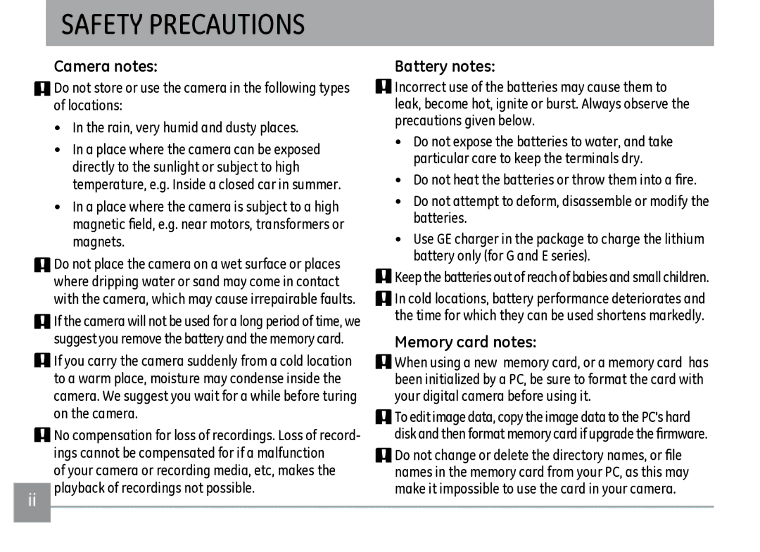 GE E-1255W, A950RD, A950PK, A950SL, WM1050, A950-BK, A1235SL Safety Precautions, Camera notes, Battery notes, Memory card notes 