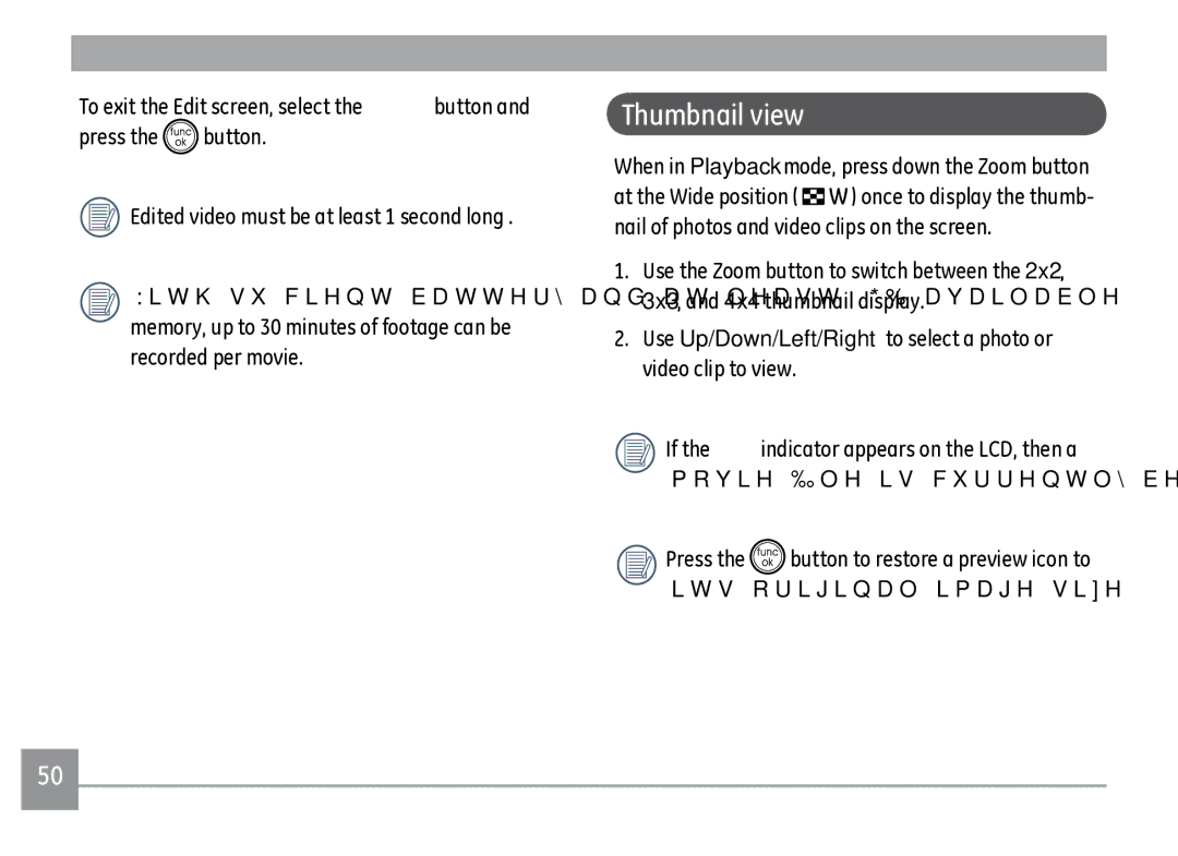 GE E-1255W, A950RD, A950PK, A950SL, WM1050, A950-BK, A1235SL Thumbnail view, When in Playback mode, press down the Zoom button 