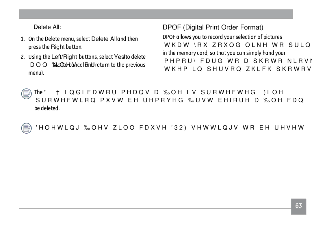 GE A1235RD, A950RD, A950PK, A950SL, WM1050, E-1255W, A950-BK, A1235SL, A1235PK, A1250 Dpof Digital Print Order Format, Delete All 