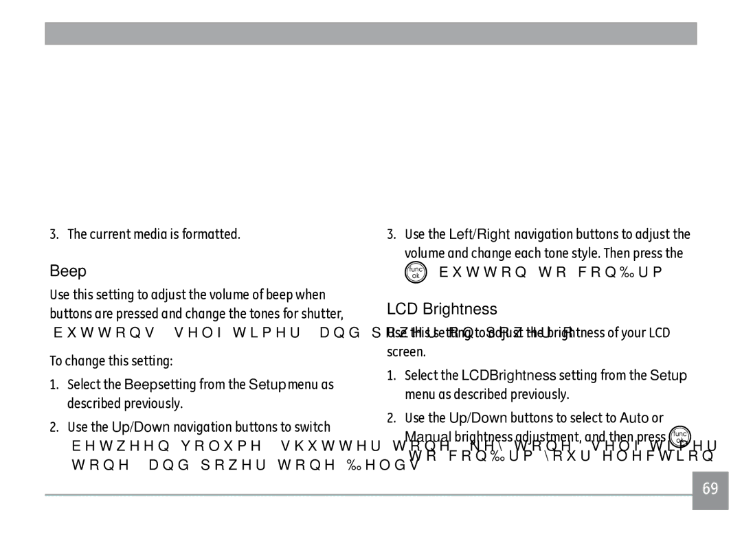 GE A1035, A950RD, A950PK, A950SL, WM1050, E-1255W, A950-BK, A1235SL, A1235PK Beep, LCD Brightness, Current media is formatted 