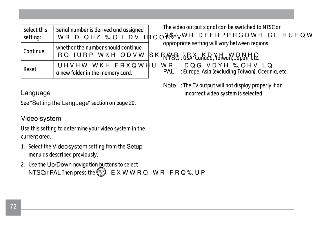 GE A950PK, A950RD, A950SL, A1250 Language, Video system, USA, Canada, Taiwan, Japan, etc, Incorrect video system is selected 