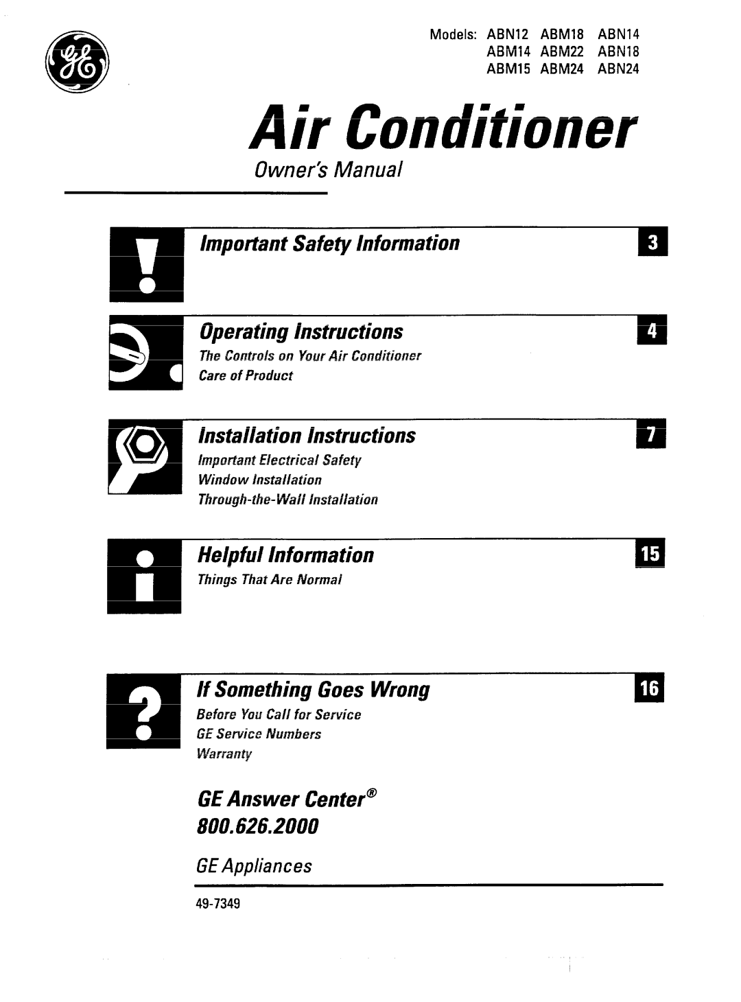 GE ABN12 operating instructions Air Conditioner 