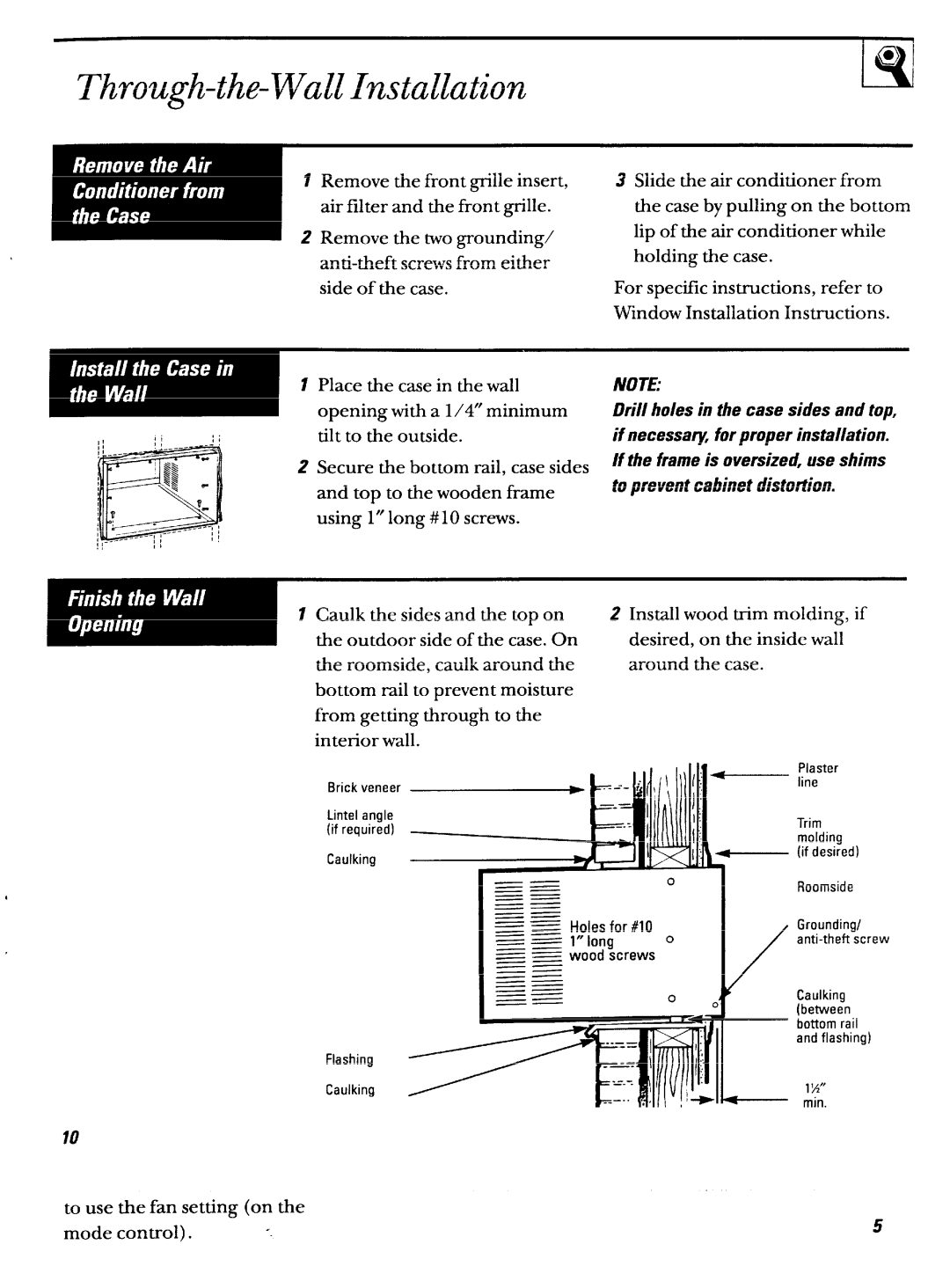 GE ABN12 operating instructions Through-the-Wall Installation, Top to the wooden frame 