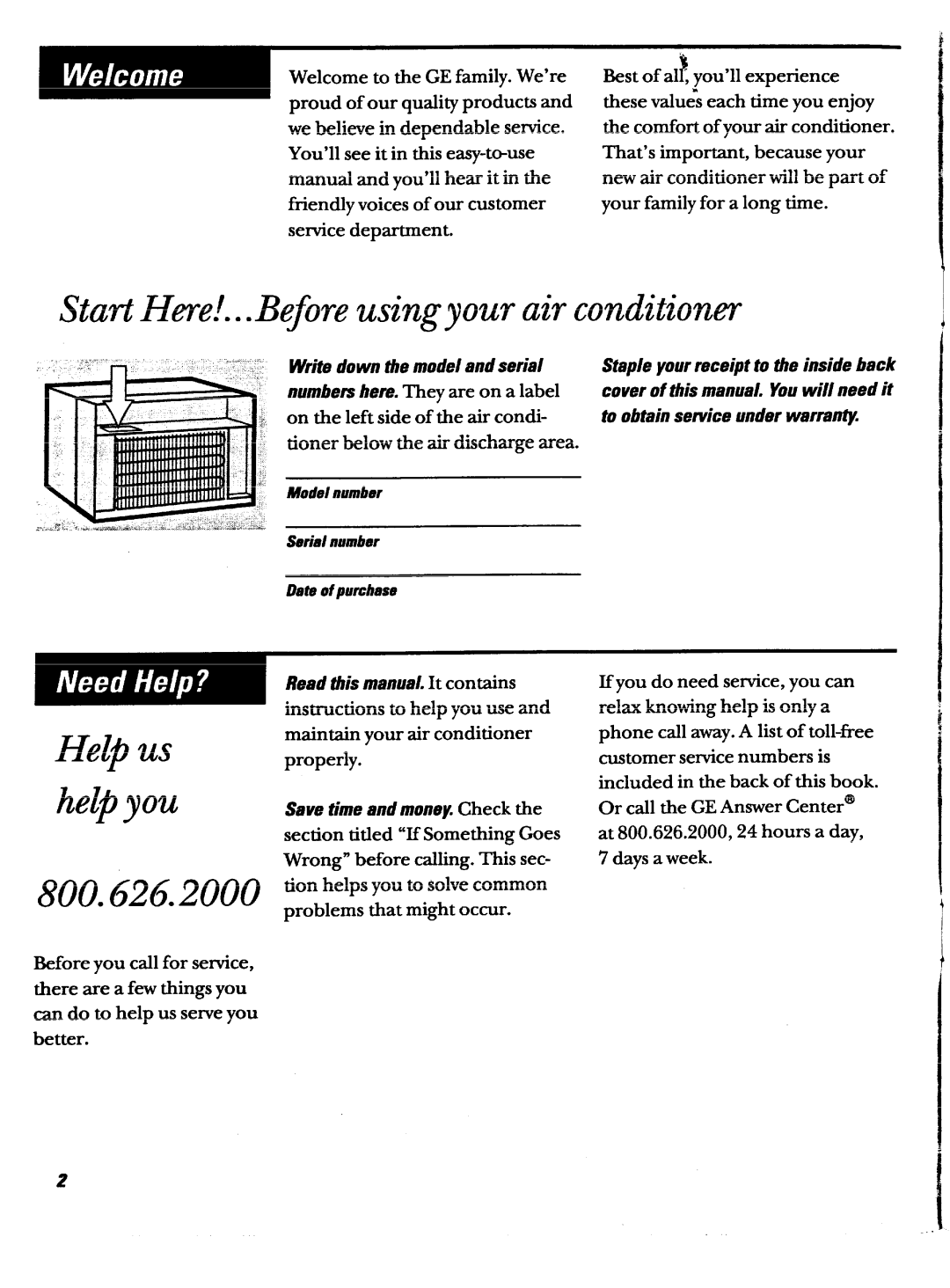 GE ABN12 operating instructions Start Hme/...Before usingyour air conditioner, Write down the model and serial 