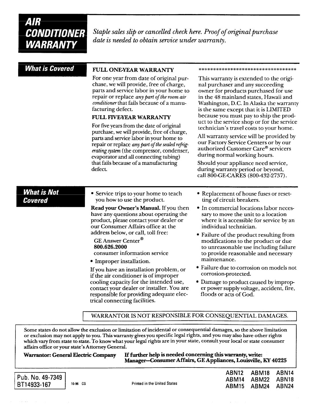 GE ABN12 operating instructions Pub.No.49-7349 BT14933-167 