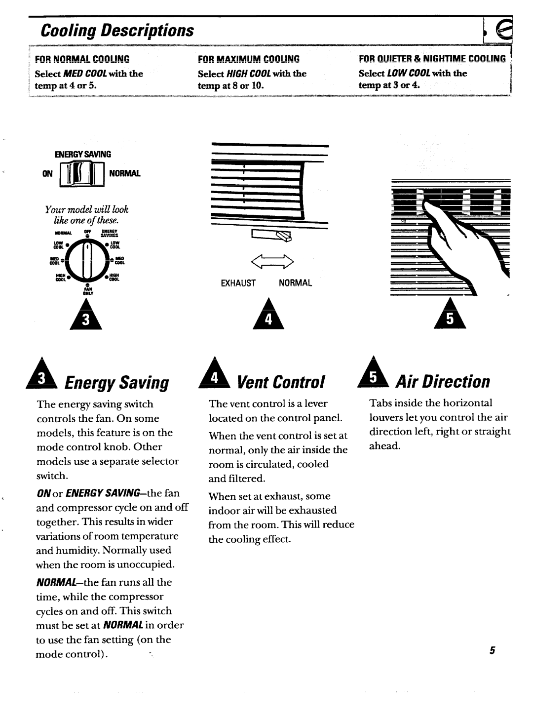 GE ABN12 Cooling Descriptions, A Energy Saving, A‘ Vent Control A Air Direction, ~Select MED COOLwith the, #OlullM~ SNERSV 