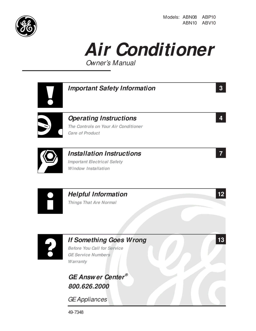 GE ABN10, ABV10, ABN08, ABP10 installation instructions Air Conditioner 