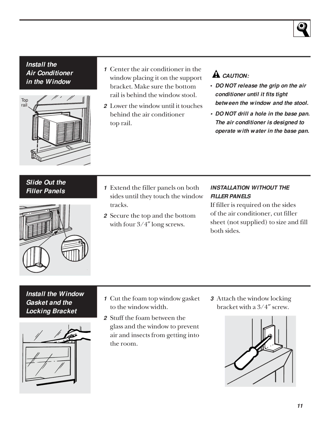 GE ABP10, ABV10 Install Air Conditioner Window, Install the Window Gasket Locking Bracket, Slide Out the Filler Panels 