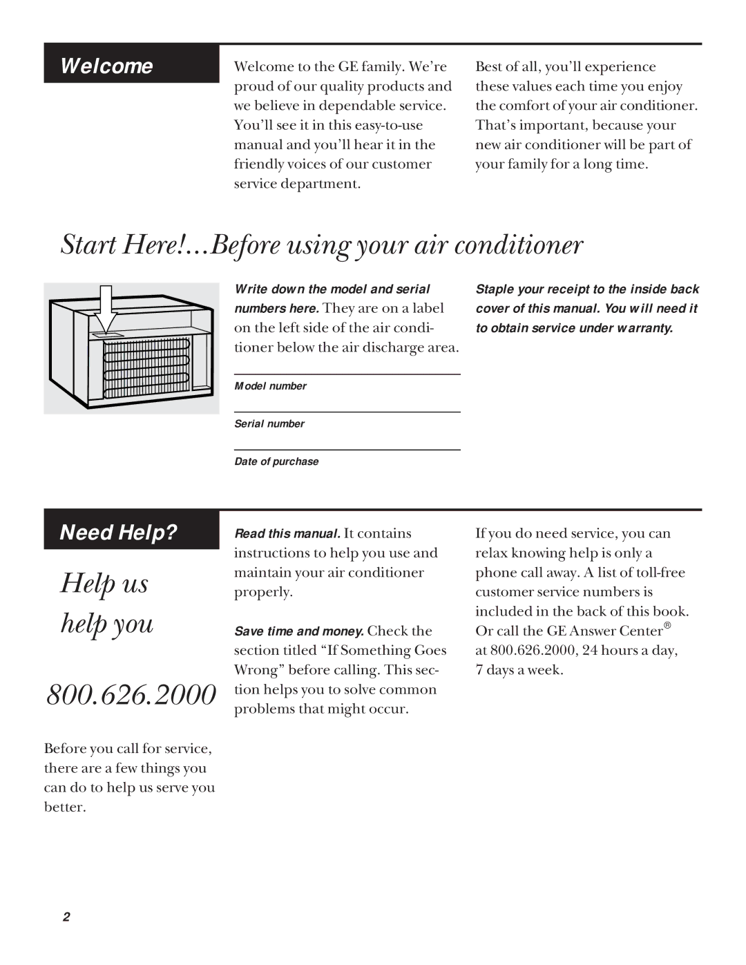 GE ABN08, ABV10, ABN10, ABP10 installation instructions Start Here!…Before using your air conditioner, 800.626.2000 