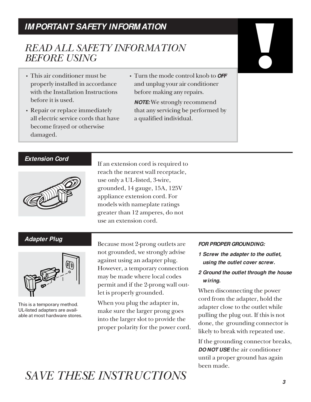 GE ABP10, ABV10, ABN10, ABN08 installation instructions Extension Cord, Adapter Plug 