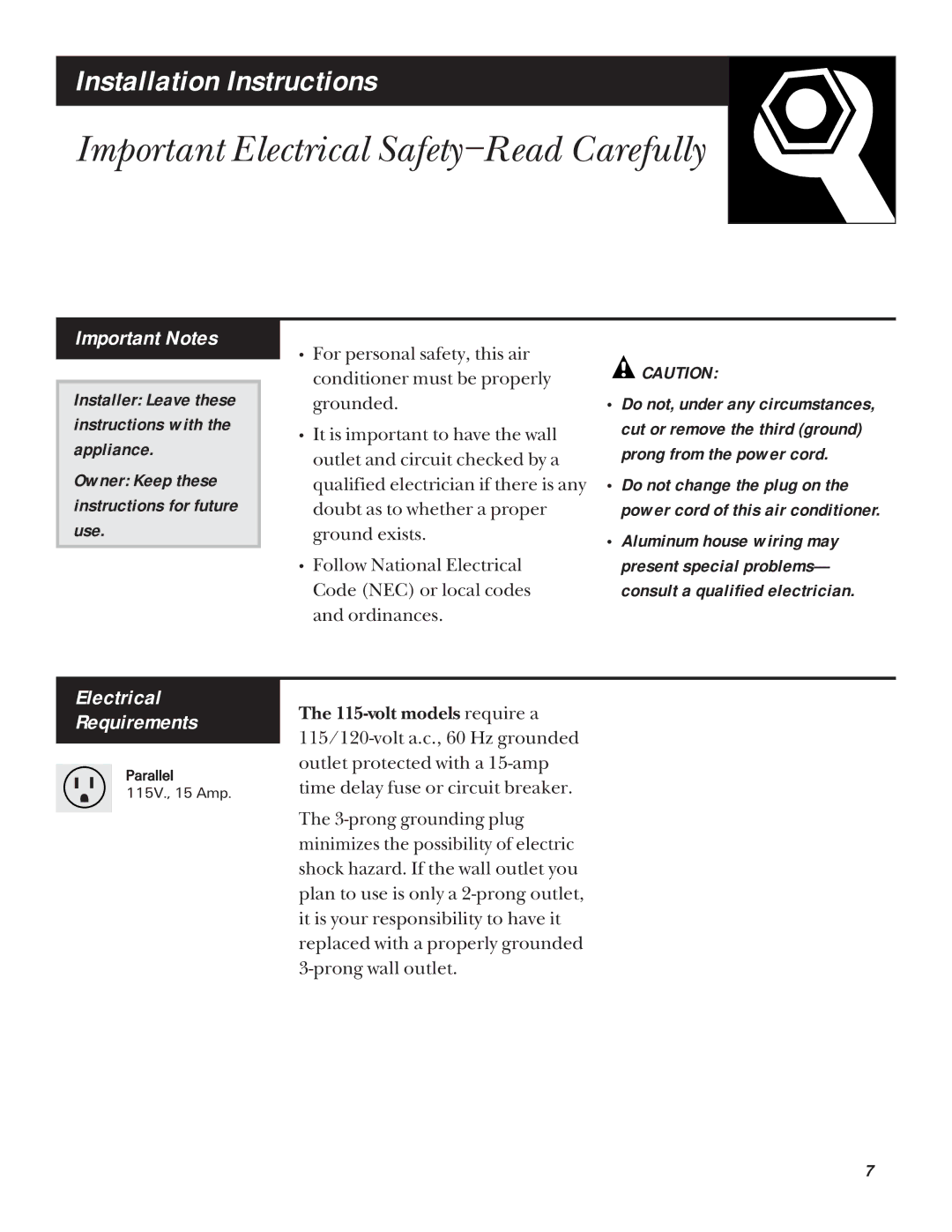 GE ABP10, ABV10, ABN10, ABN08 Important Electrical Safety-Read Carefully, Important Notes, Electrical Requirements 