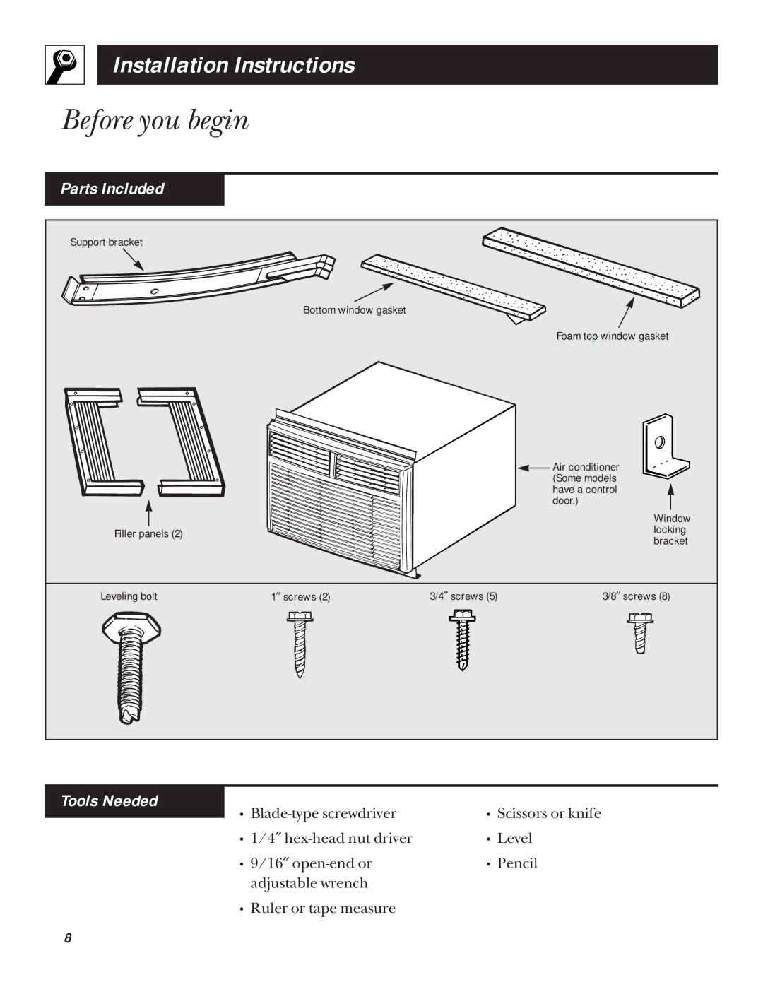 GE ABV10, ABN10, ABN08, ABP10 installation instructions Before you begin, Parts Included, Tools Needed 