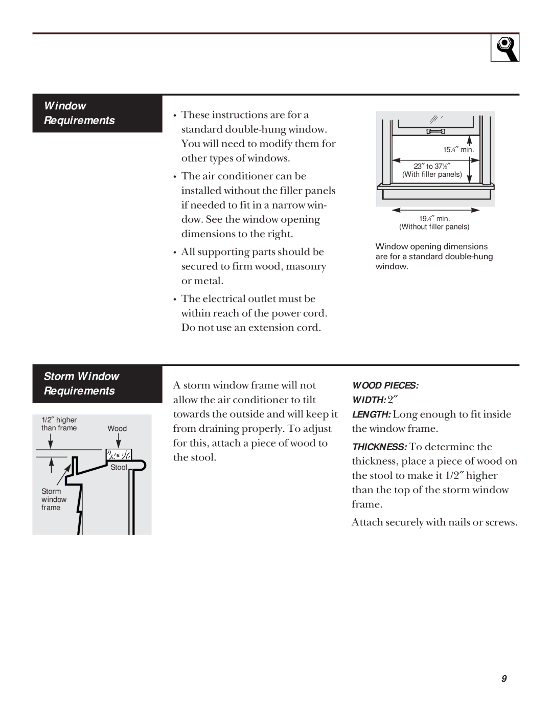 GE ABN10, ABV10, ABN08, ABP10 installation instructions Storm Window Requirements 