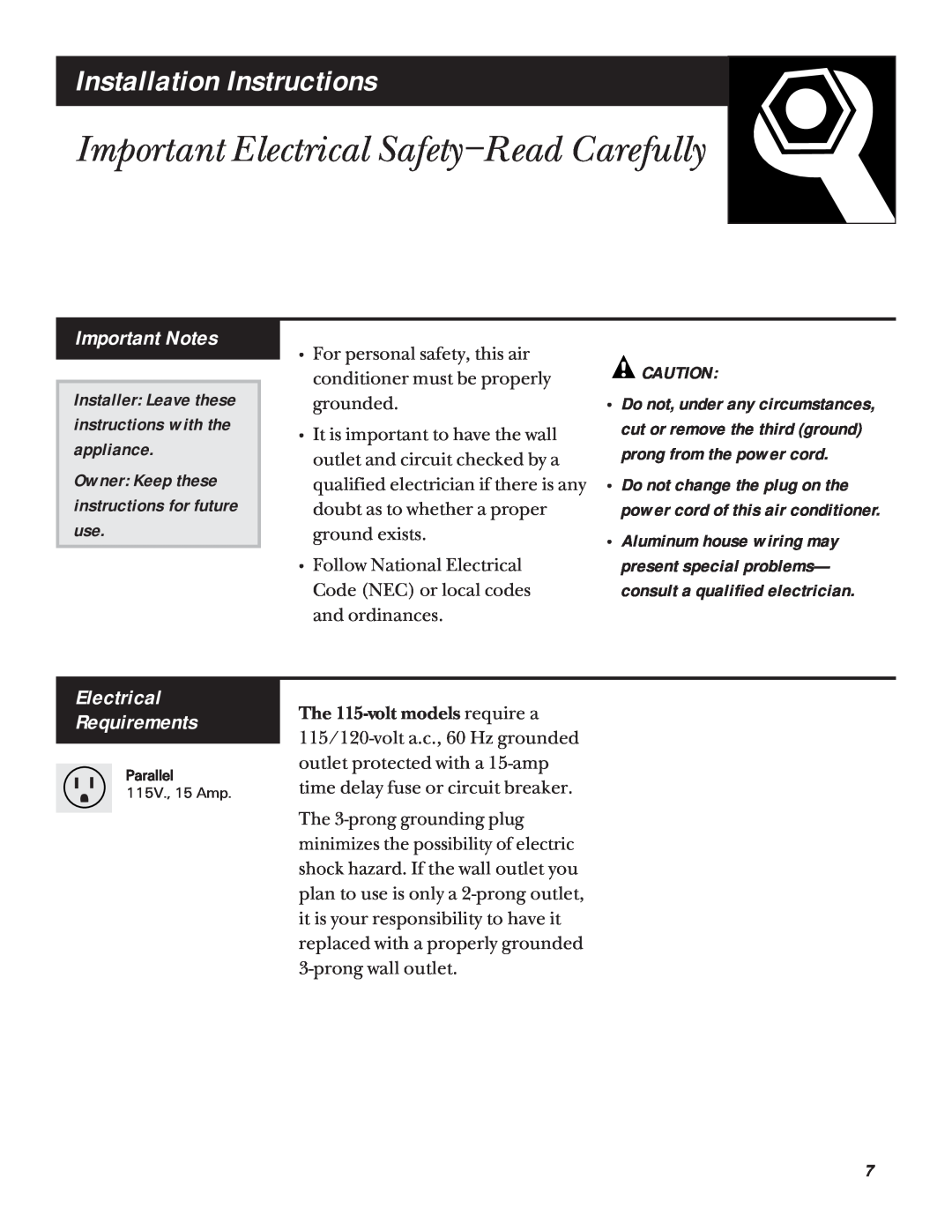 GE ABP10 Important Electrical Safety-ReadCarefully, Installation Instructions, Important Notes, Electrical Requirements 