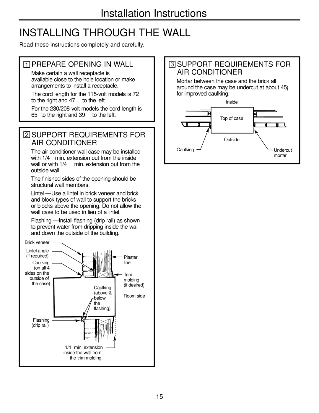 GE ACB AJCH 12, ACB AJCQ 10 Installing Through the Wall, Prepare Opening in Wall, Support Requirements for AIR Conditioner 