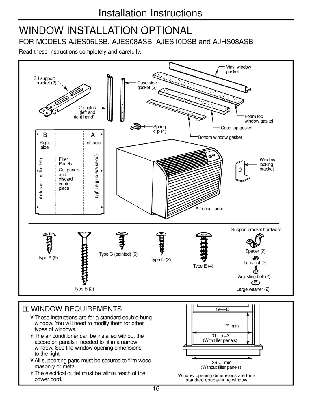 GE ACB AJCS 09, ACB AJCQ 10, ACB AJCS 12 DCB, ACB AJCS 10, ACB AJCH 12 Window INSTALLATION-OPTIONAL, Window Requirements 
