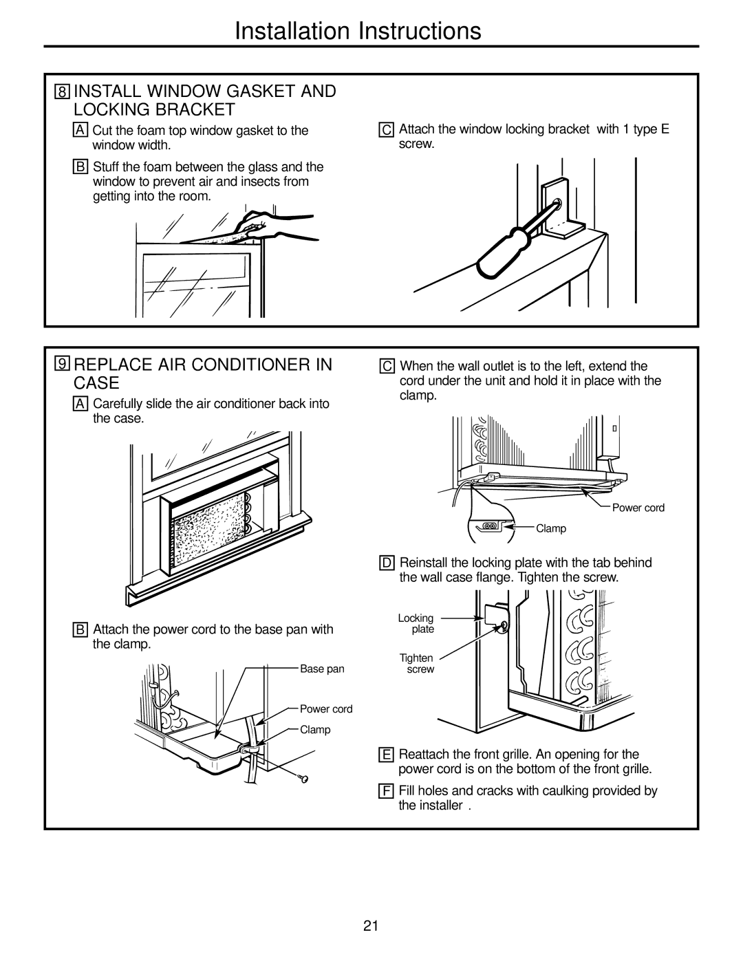 GE DCB AJCS 06, ACB AJCQ 10, ACB AJCS 12 DCB Install Window Gasket and Locking Bracket, Replace AIR Conditioner in Case 