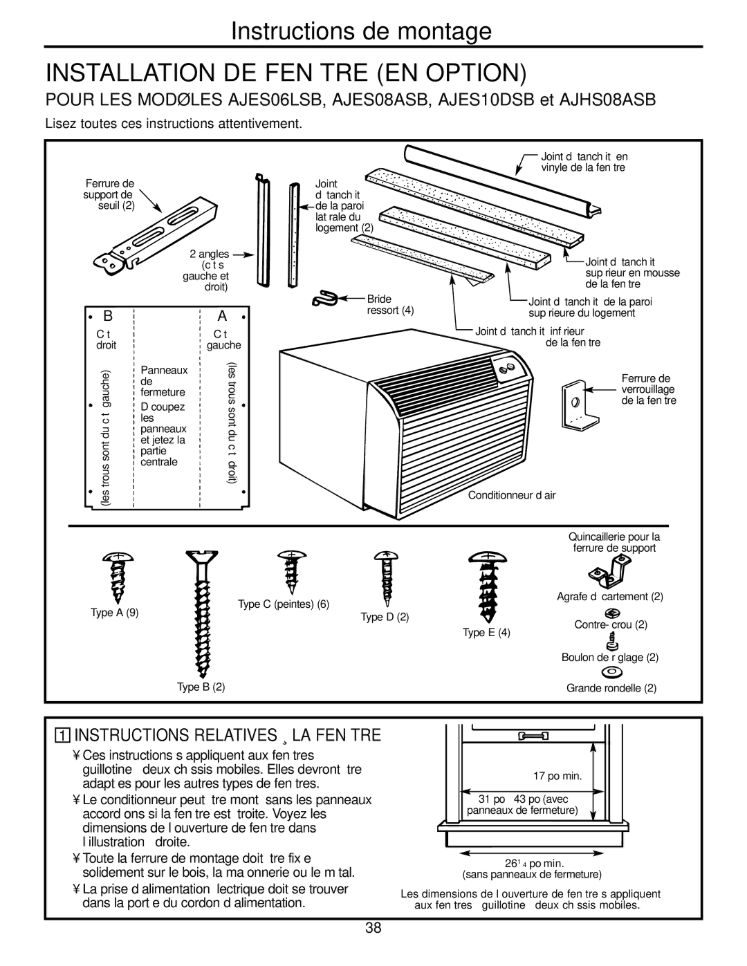 GE ACB AJCS 10, ACB AJCQ 10, ACB AJCS 12 DCB Installation DE Fenêtre EN Option, Instructions Relatives À LA Fenêtre 