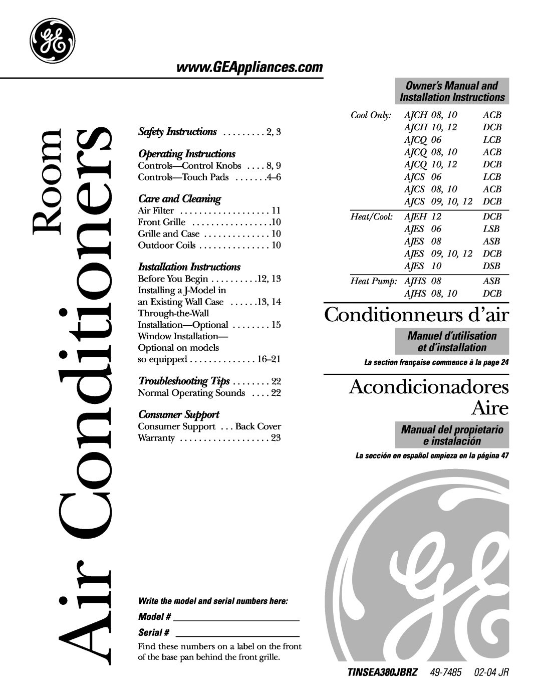 GE ACB AJCS 12 DCB operating instructions Conditionneurs d’air, Acondicionadores Aire, Room, Operating Instructions 