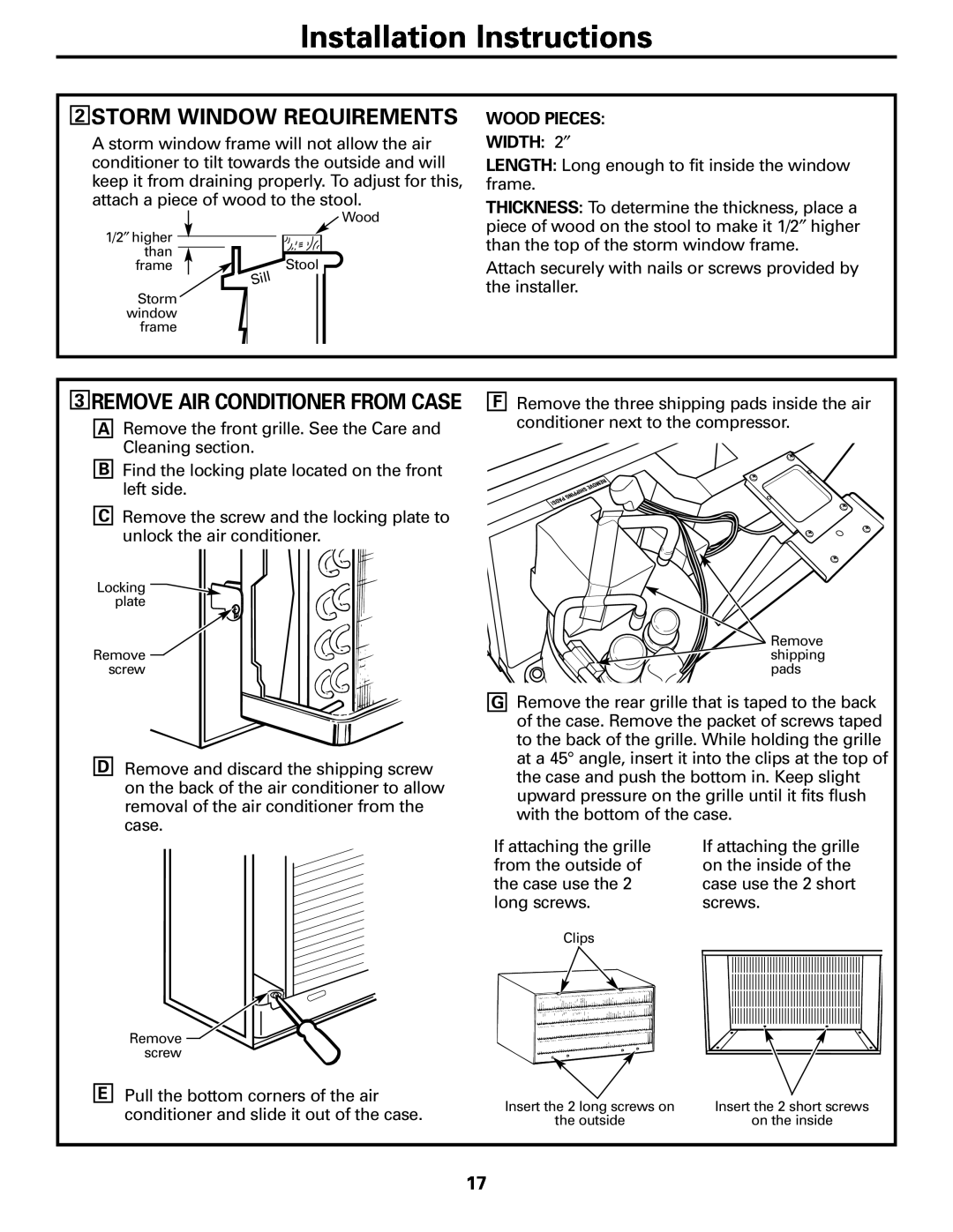 GE LCB AJCS 10, ACB AJCQ 10 2STORM WINDOW REQUIREMENTS, Installation Instructions, 3REMOVE AIR CONDITIONER FROM CASE 