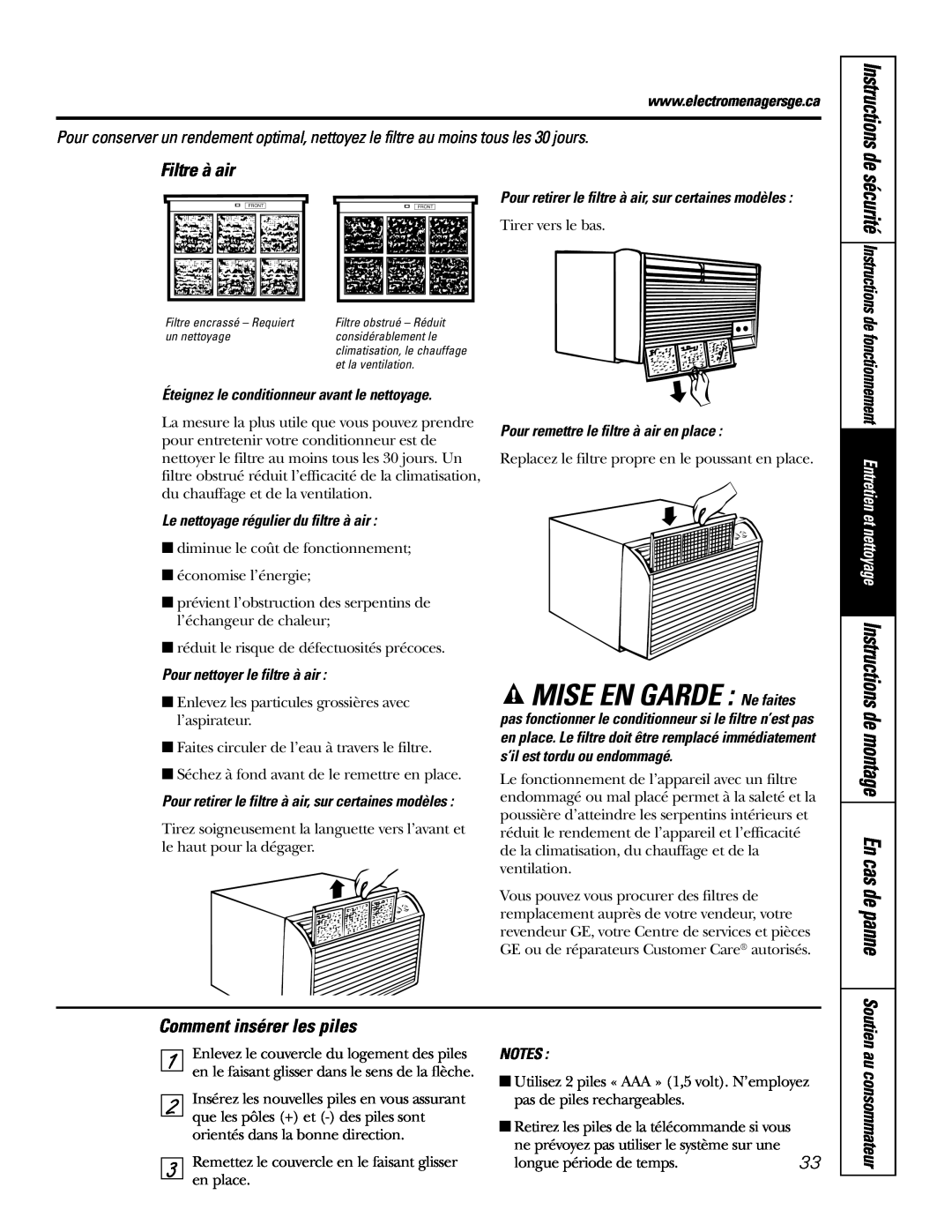 GE DCB AJCS 06 MISE EN GARDE : Ne faites, Filtre à air, Comment insérer les piles, Instructions de, au consommateur, Notes 