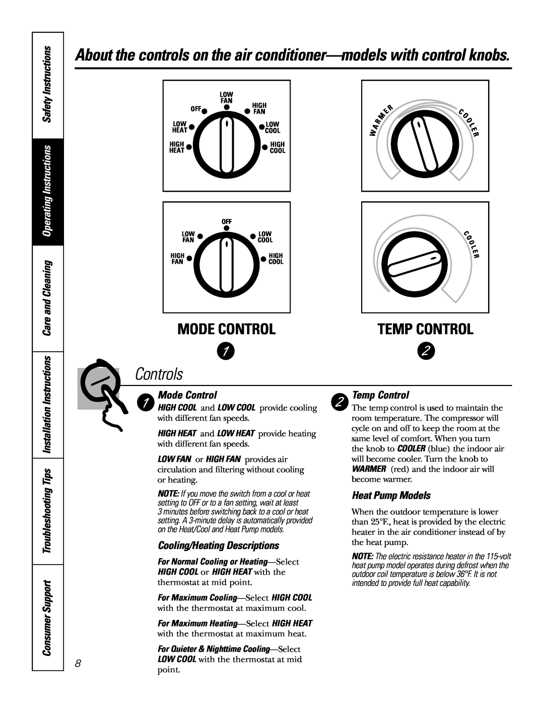GE LCB AJCQ 08 Mode Control, Controls, Temp Control, Cooling/Heating Descriptions, Heat Pump Models, E R C O, High 