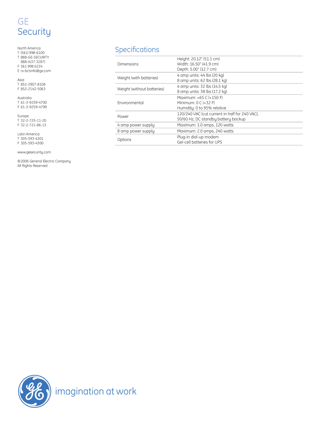 GE ACUXL16 manual Specifications, Ge-Security 