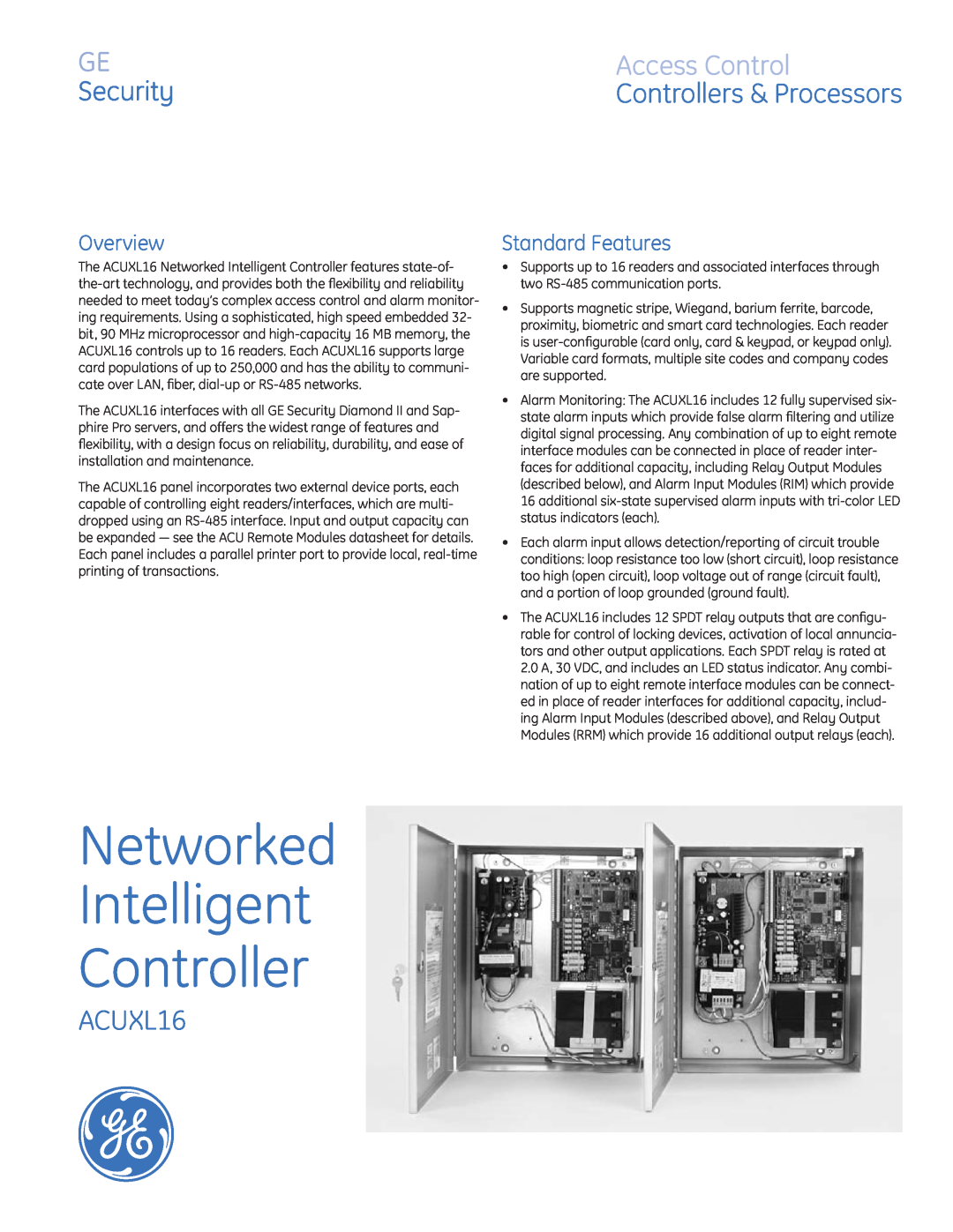 GE ACUXL16 manual Overview, Standard Features, Networked Intelligent Controller, Access Control, Controllers & Processors 