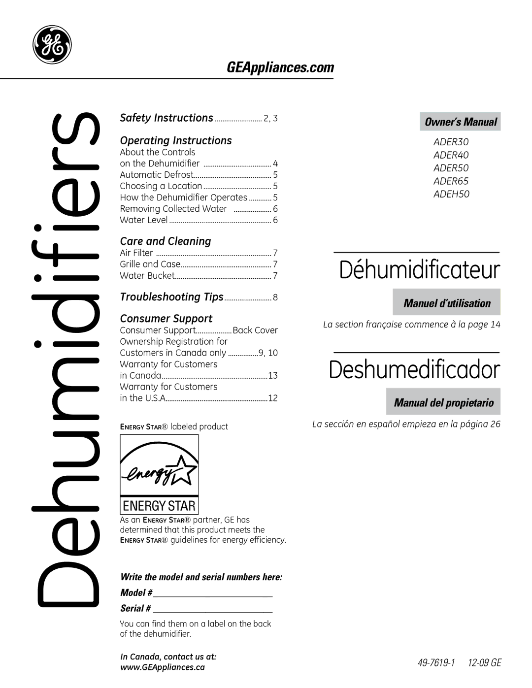 GE ADEH50 owner manual Dehumidifiers 