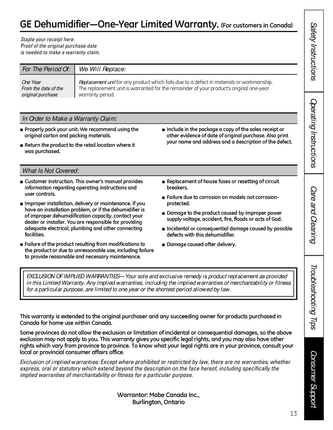 GE ADEH50 owner manual Care and Cleaning, Troubleshooting Tips Consumer Support 